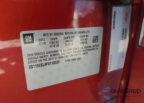 2015 Chevrolet Impala Ltz из США, поврежденный, VIN 2G1155SL4F9110633